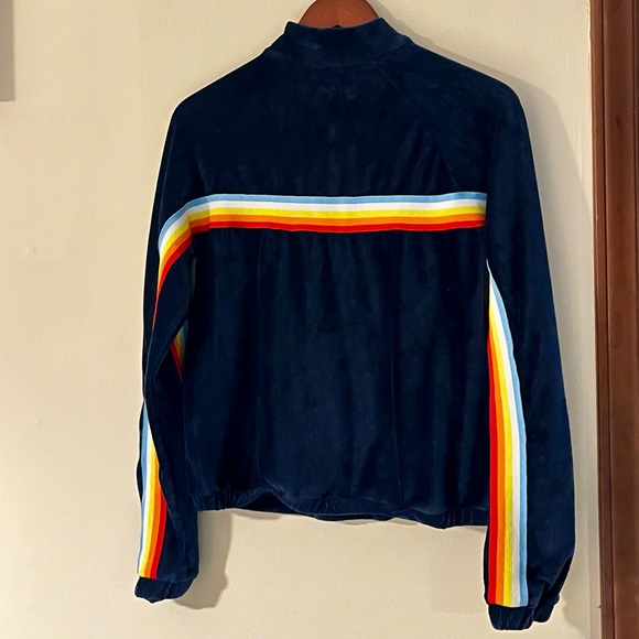 POL Navy Blue Textured Corduroy Mock Neck Zip Up Rainbow Detail Pullover - Picture 3 of 5